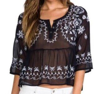 Free People Navy Embroiderd Top